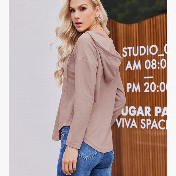 Womens Hoodies Long Sleeve Pullover Top V Neck Drawstring With Pocket (072) - Picture 4 of 5